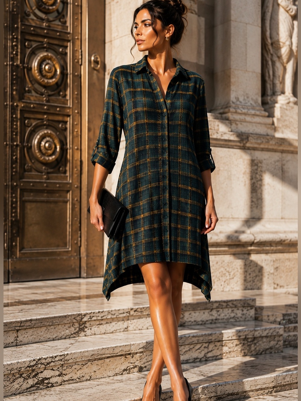 Apricot Viscose Plaid Shirt Dress | Size Fits 4-6